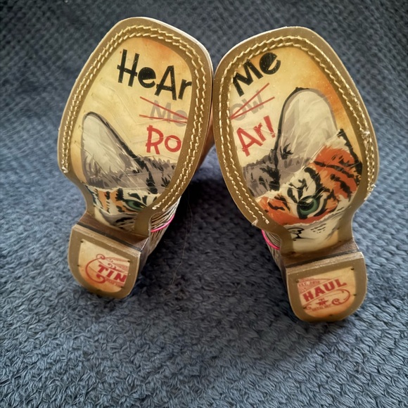 Tin Haul Kids Cowboy Boots Golden Tiger Hear Me Roar Brown Cream w Pink Accents - Picture 7 of 11